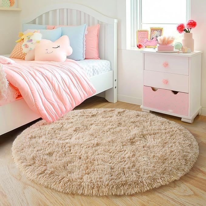 5'x5' Beige Round Rug for Bedroom, Ultra Soft Fluffy Circle Rug for Kids Girls - Image 6