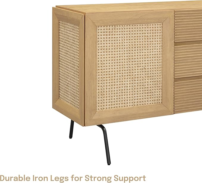 NTC MOSSIC Modern Sideboard with 4 Doors, Natural Rattan Storage Cabinet, Buffet with Metal Legs, Boho Accent Cabinet for Living Room, and Entryway, Effortless Assembly, Sand