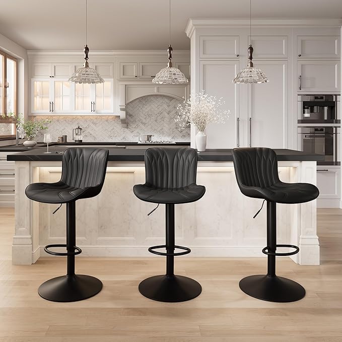 YOUNIKE Black Bar Stools Set of 6 Modern Swivel Counter Height Bar Chair with Back Adjustable Kitchen Island Faux Leather Padded Barstools taburetes de bar Breakfast sillas para barra de cocina 6PCS