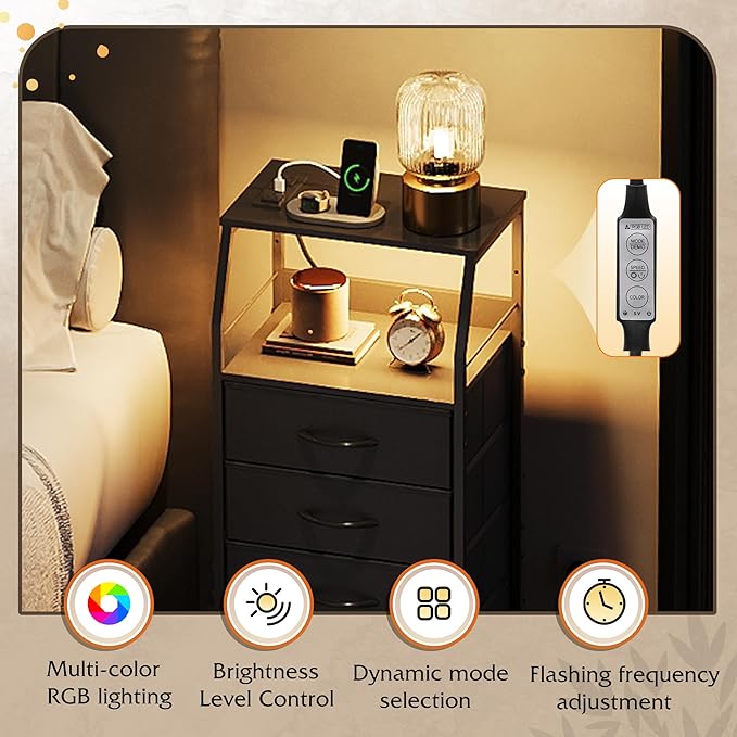 WLIVE Night Stand Set of 2 with Charger Station, Nightstand Sets with LED Light and 4 Storage Drawers, Tall Dressers for Bedroom, Bedside Tables with Fabric Bins, Wood Shelf, Metal Frame, Black