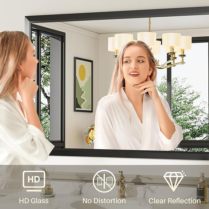 24x36 Inch Black Bathroom Mirror for Wall, Thick Metal Framed Rectangle Mirrors for Over Sink, Bedroom, Living Room, Entryway, Anti-Rust, HD Tempered Glass