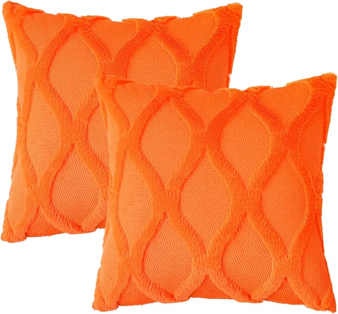 decorUhome Fall Throw Pillow Covers 22x22 Inch Set of 2, Soft Plush Faux Fur Wool Orange Couch Pillow Covers, Decorative Neutral Pillow Cases for Bed Sofa Living Room Home Decor