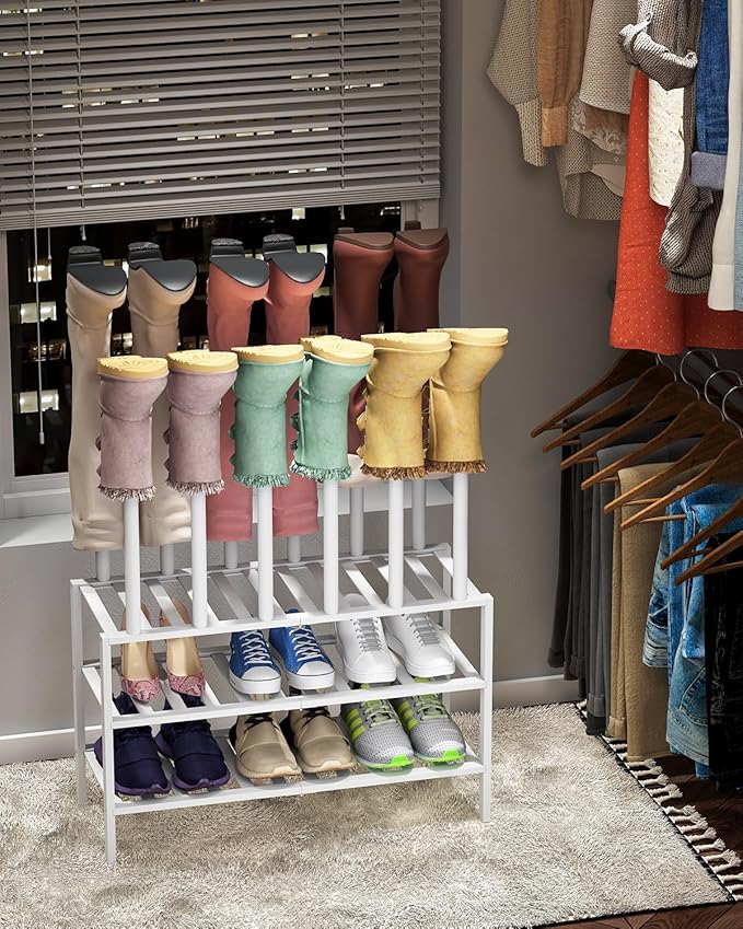 White Boot Rack, Boot Rack Organizer Tall Boots with Shoe Rack for Closet, Bamboo Wood Shoe Shelf Storage Organizer for Entryway