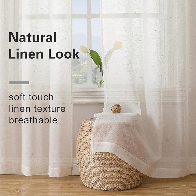 Simplebrand Natural Linen Textured Sheer Curtains 72 inches Long 2 Panels - Image 3