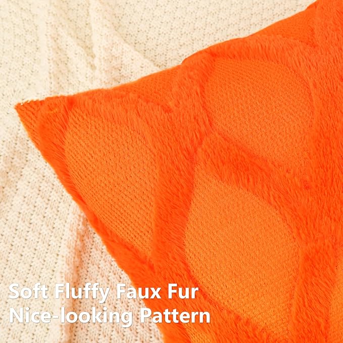 decorUhome Fall Throw Pillow Covers 24x24 Inch Set of 2, Soft Plush Faux Fur Wool Orange Couch Pillow Covers, Decorative Neutral Pillow Cases for Bed Sofa Living Room Home Decor