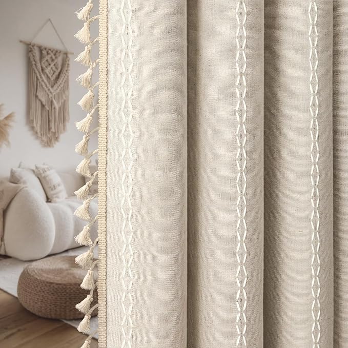 Boho Blackout Curtains 72 Inches Long Beige Linen Blend 2 Panels - Image 8