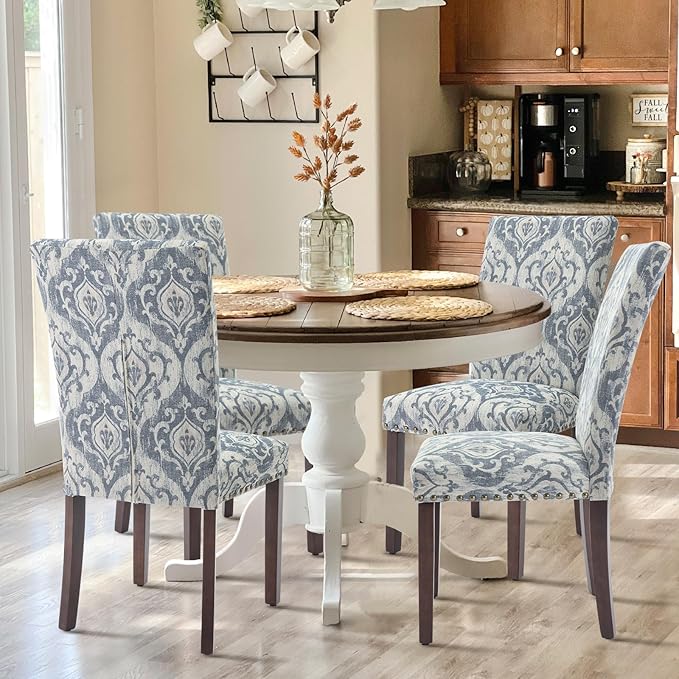COLAMY Upholstered Parsons Dining Chairs Set of 2, Fabric Dining Room Kitchen Side Chair with Nailhead Trim and Wood Legs - Blue/White Flower