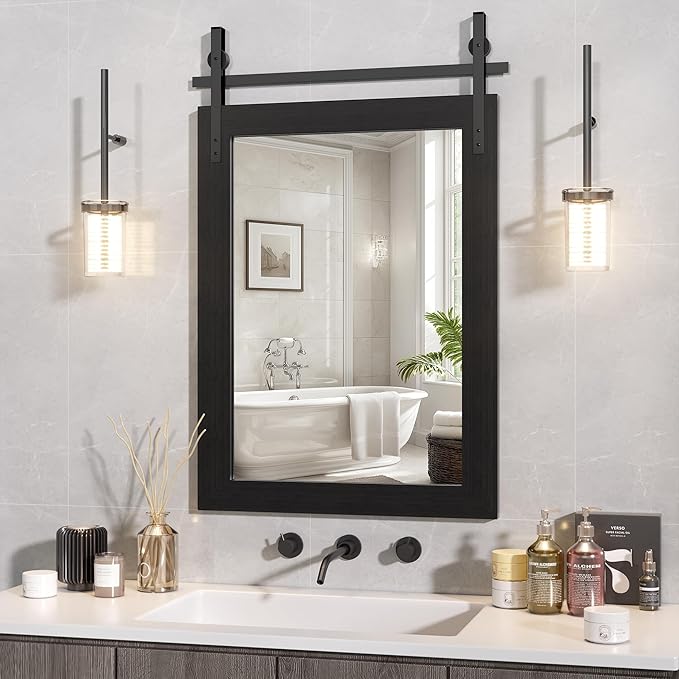 Hasipu Farmhouse Bathroom Mirror, 22"x30" Rustic Wood Framed Wall Mounted Mirror, Black Vintage Vanity Mirror Barn Door Style Decrative Mirrors