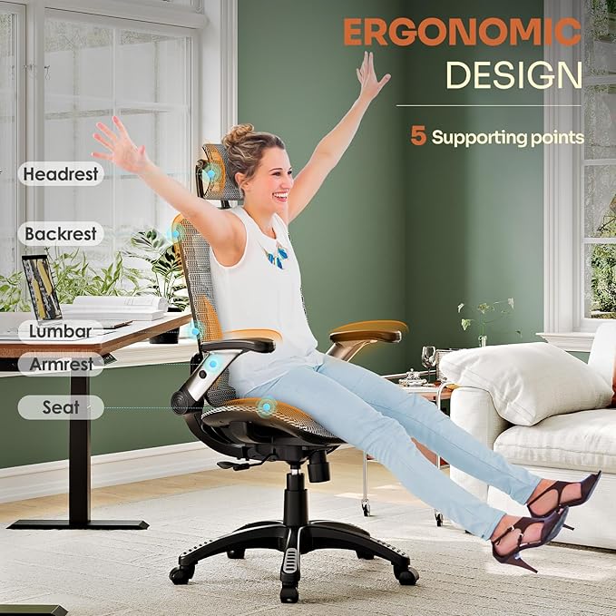GABRYLLY Ergonomic Office Chair, High Back Home Desk Chair with Headrest, Flip-Up Arms, 90-120° Tilt Lock and Wide Cushion, Big and Tall Mesh Chairs for Man Woman, Grey Task Chair