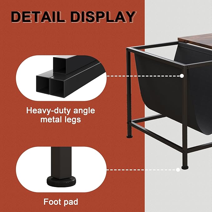 SENIG Brown Rectangle Wood and Metal Coffee Table with Storage Shelf for Small Living Rooms with Pocket