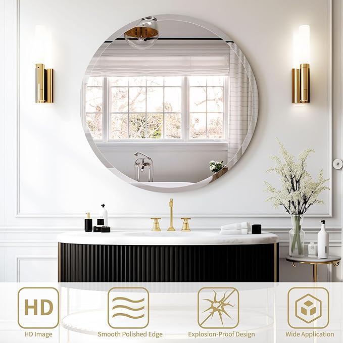 24" Frameless Beveled Round Mirror with 1" Edge for Bathroom, Entryways, Vanity Wall Decor