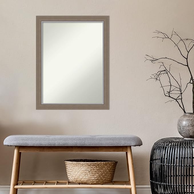 Amanti Art Brown Bathroom Mirror for Over Sink, 27x21 Eva Brown Narrow Rectangle Vanity Mirror, Medium Country Rustic Frame, Hangs Horizonally and Vertically, Bathroom Wall Decor, Non-Beveled Edge