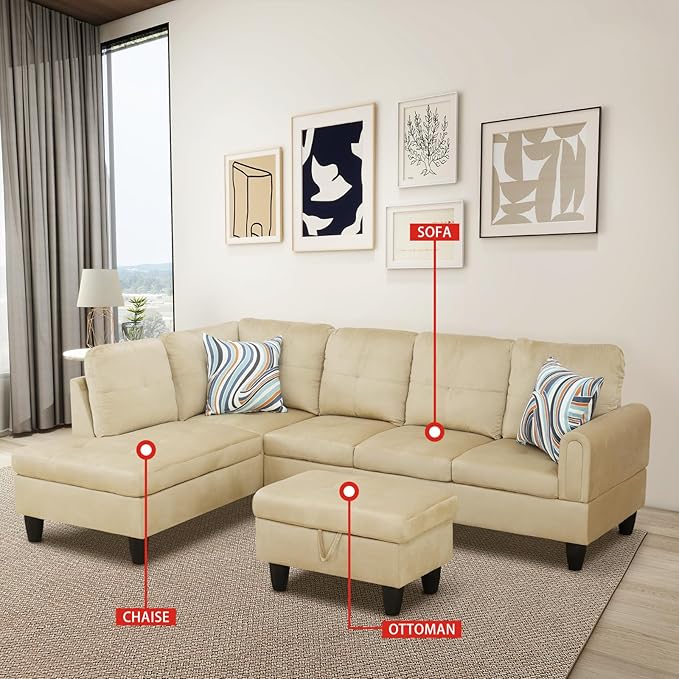 Beige L-Shaped 3-Piece Flannel Sofa with Storage Ottoman Set, Sectional Couch Sofa Set for Living Room, Office, Small Space