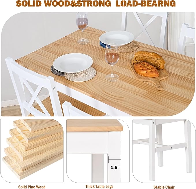 SogesPower Dining Table Set for 4, 5-Piece Wood Kitchen Dining Table Set with 4 Chairs for Kitchen Dining Room Restaurant Small Space, 47" White&Oak