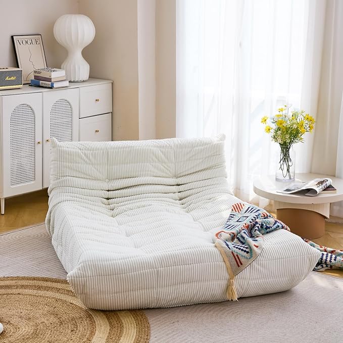 N&V Fireside Lounge Chaise Chair, Mid Century Armless Floor Lounger Sofa, Soft Premium Corduroy Floor Lounge Chair, Foam Sofa Accent Lounger for Living Room Bedroom and Office, Ivory