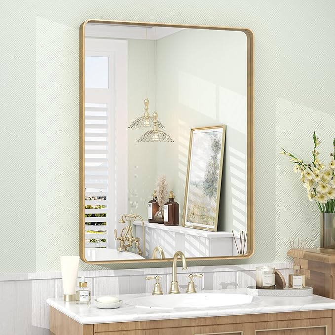 24x32 Inch Gold Framed Bathroom Mirror, Rectangle Brushed Gold Metal Vanity Mirror, Gold Rectangle Mirror for Wall, Rounded Corner, Tempered Glass, Anti-Rust, Shatterproof (Horizontal/Vertical)