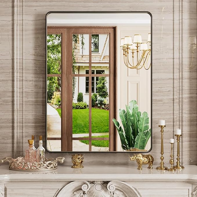 Black Bathroom Mirror, 24x32 Inch Thick Rectangle Metal Framed Wall Mirror, Modern Round Corner Bathroom Vanity Mirror for Over Sink, Bedroom, Living Room, Entryway