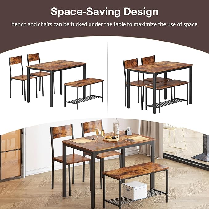 sogesfurniture 4-Piece Dining Table Set with 1 Bench and 2 Chairs, Kitchen Bench Table Set for 4, Wooden Kitchen Table and Chairs for Limited Space,Rustic Brown
