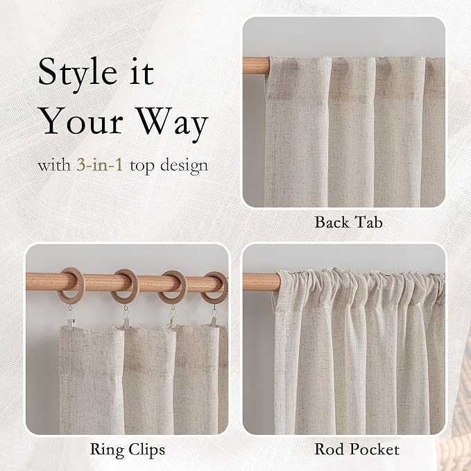 MYSKY HOME Linen Natural Farmhouse Kitchen Curtains 54 inches Long, Boho - Image 4