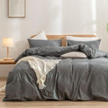 BESTOUCH Duvet Cover Set 100% Washed Cotton Linen Feel Super Soft Comfortable Chic Lightweight 3 PCs Home Bedding Set Solid Dark Grey Full/Double
