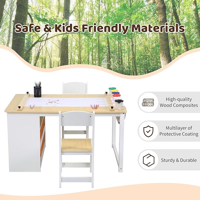 4 In 1 Kids Art Table and Chair Set,Toddler Craft Large Storage Desk with Portable Art Supply Organizer, Drawing Desk, Kids Activity and Study Table, Activity & Crafts for Children Wooden Furniture