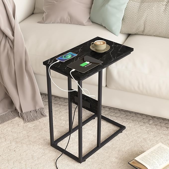 VECELO C Shaped End Side Table with Charging Station & Power Outlets for Couch Sofa/Bed, Snack TV Tray with Metal Frame for Living Room Bedroom 2 Set, Black Marble