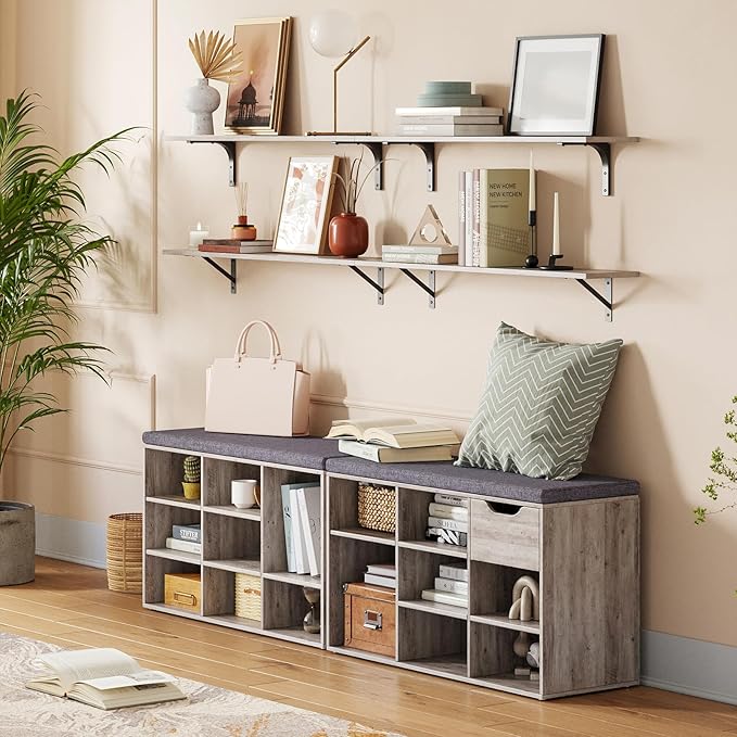 DINZI LVJ Shoe Bench,Entryway Storage Bench with Drawer and 8 Cubbies,Cubby Rack Adjustable Shelves,Shoe Organizer Cabinet for Living Room,Bedroom,Mudroom,Closet Garage,Greige
