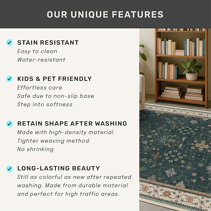 Dark Green 2x7 Kitchen Rug - Modern Vintage Boho Eclectic Floral Pastel, Washable Low Pile Non-Slip Long Runner Rugs for Hallway, Bedroom