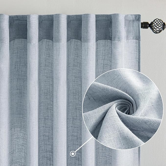 MIULEE Chambray Blue Linen Curtains 108 Inches Long 2 Panels - Image 2