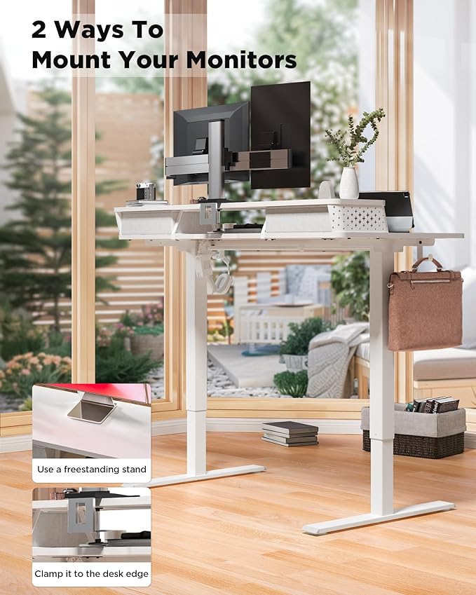 48x24 Inch Standing Desk with Double Drawers, C-Clamp Mount Compatible, Electric Adjustable Height Computer Stand Up Desks, Home Office Sit Stand Table with 3 Preset Heights & 2 Hooks, White