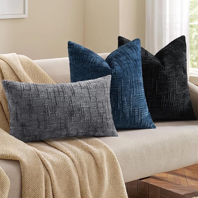 decorUhome Black Chenille Euro Sham Throw Pillow Covers 22x22 Set of 2 Textured - Image 5