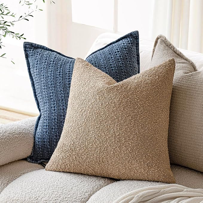 Foindtower Set of 2, Decorative Textured Boucle Throw Pillow Covers Accent Solid Pillow Cases Soft Cozy Couch Cushion Case for Chair Sofa Bedroom Living Room Home Decor 16 x 16 Inch Taupe Khaki Camel