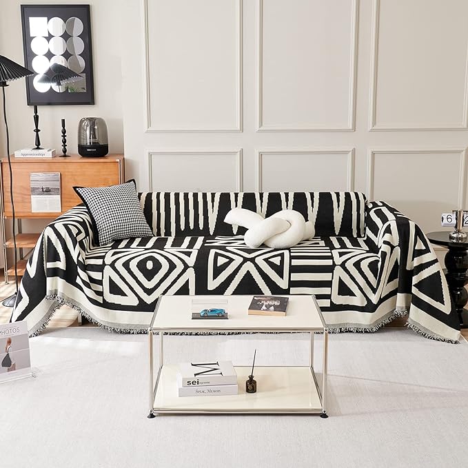 STACYPIK Durable Boho Couch Cover for Dog Anti-Scratch Black White Triangle Sofa Cover for 2 Cushion Couch Anti Slip L Shaped Couch Cover Reversible Loveseat Covers Multi-Use Sofa Throw Cover-91X118IN