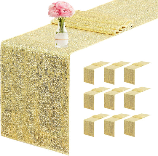 10 Packs 12 x 72 inches Sequin Table Runner, Gold Glitter Table Runner for Birthday Party Supplies Wedding Engagement Baby Shower Holiday Celebration Event Decorations