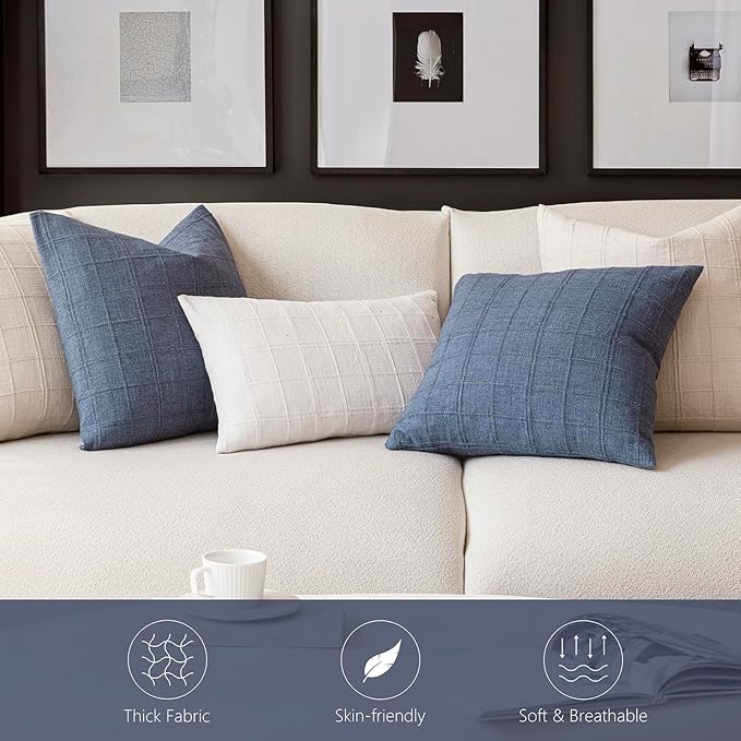 Foindtower Set of 2 Decorative Linen Check Throw Pillow Covers Neutral Farmhouse Vintage Cushion Covers Modern Coastal Boho Home Decor for Sofa Chair Couch Bedroom Living Room Outdoor,22×22 Inch,Blue