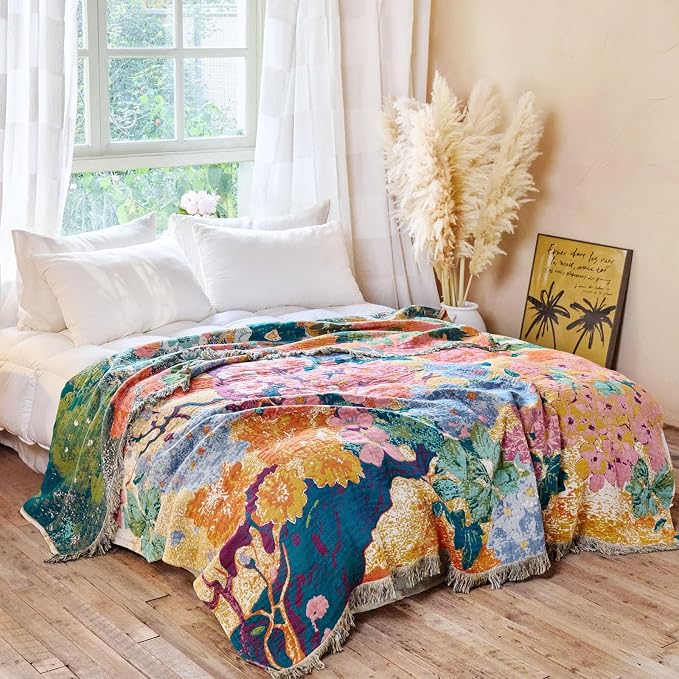 MSGKV Boho Throw Blanket for Bed 60"x80" Cotton Couch Blankets Floral Twin Size - Image 5