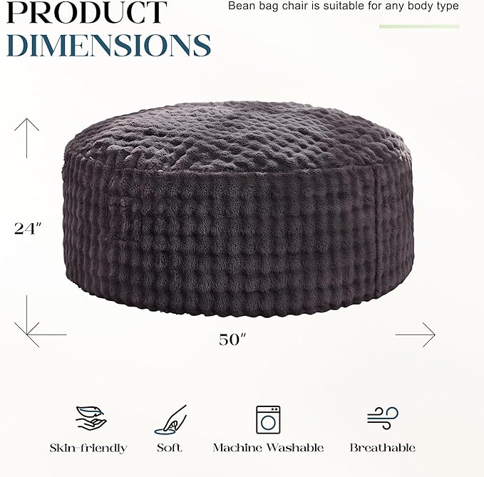 Hobestluk Bean Bag Chairs 5ft Beanbag Chair with Filler Adult Bean Bags with Fluffy & Machine Washable Cover, Giant Bean Bag Chairs for Adults (Dark Grey, 5FT-50" x 50" x 24")