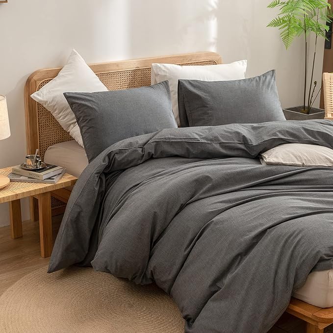 BESTOUCH Duvet Cover Set 100% Washed Cotton Linen Feel Super Soft Comfortable Chic Lightweight 3 PCs Home Bedding Set Solid Dark Grey Full/Double
