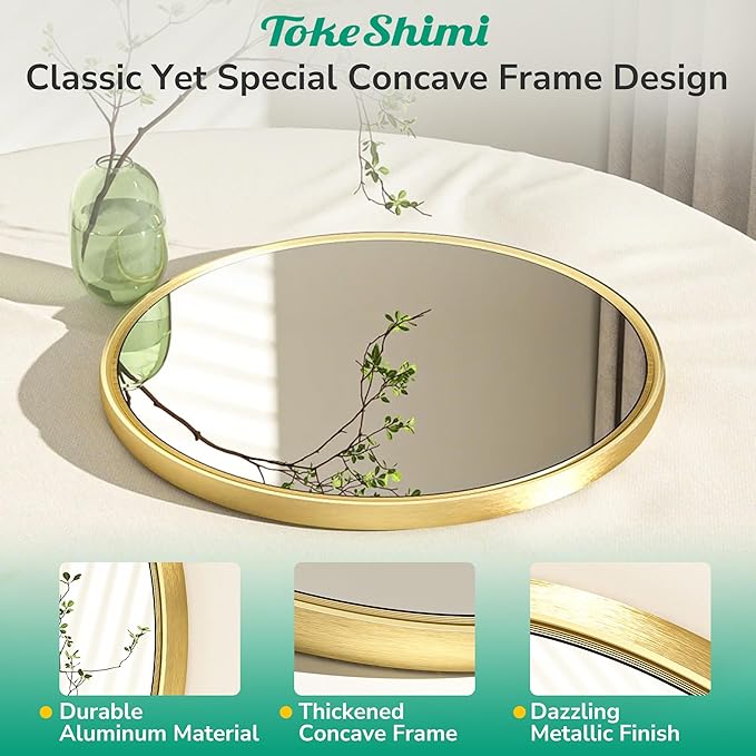TokeShimi 16 in Round Gold Mirror Framed, 16 x 16 Shatterproof Circle Bathroom Vanity Mirror Wall Mounted Aluminum Wall Mirrored Farmhouse for Entryway, Bedroom, Restroom, Vanity, Living Room