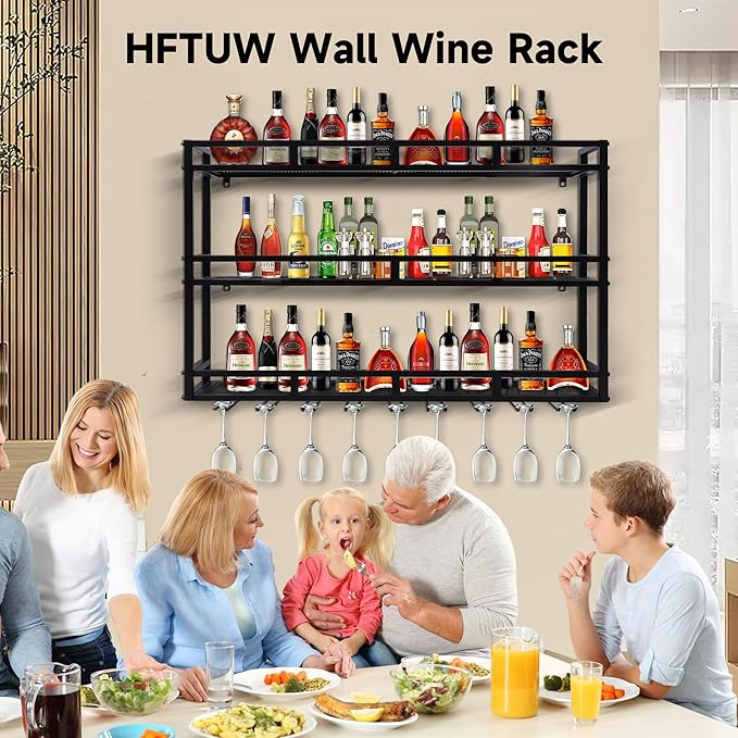 Metal Wine Rack Wall Mounted, Bar Shelves for Liquor Bottles with LED Light, 3 Tier Large Capacity Liquor Rack Wall Mounted with Glass Holder for Home Bar & Dining Room （Black, 47in/120cm）