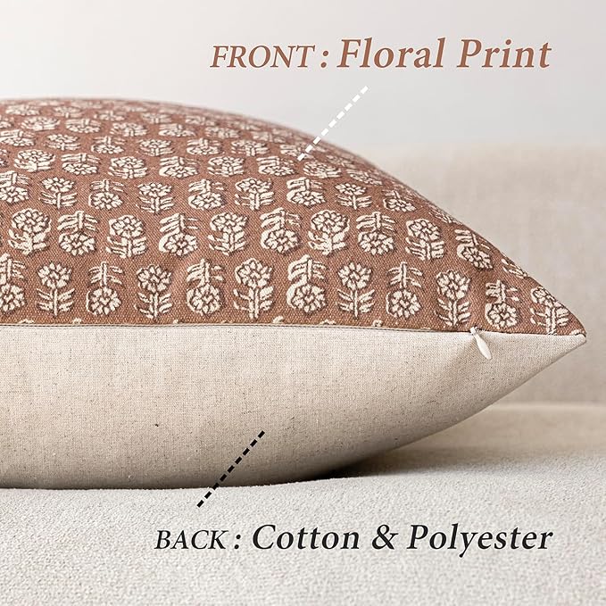 Foindtower Set of 2 Decorative Vintage Floral Print Throw Pillow Covers Neutral Farmhouse Cushion Covers Boho Home Decor for Sofa Couch Chair Bedroom Living Room Outdoor,20×20 Inch,Light Orange Brown