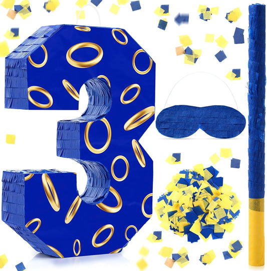 Number 3 Blue and Golden Rings Piñata for Kids Birthday Cartoon Theme Small Piñata with Blindfold Stick Confetti for Fiesta Cinco De Mayo Party Decor, 15.8 x 11 x 2.8 Inch