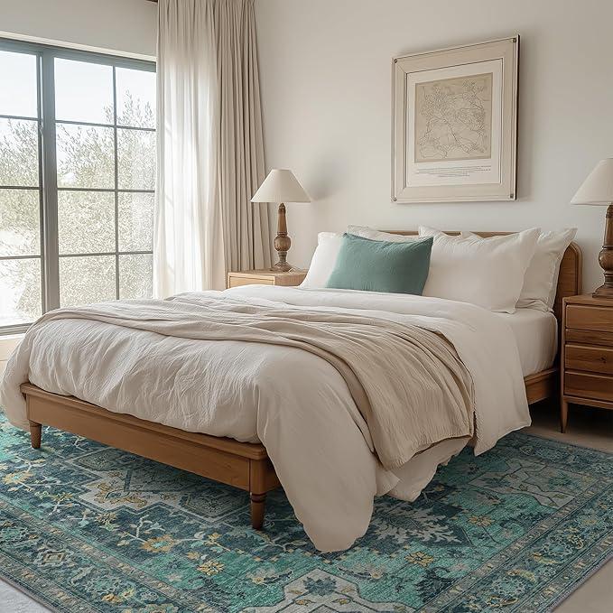 GENIMO 10x14 Area Rugs for Living Room, Machine Washable Non Slip Vintage Rugs, Low Pile Lightweight Chenille Print Rug for Bedroom, Dining Room, Home Office, Dark Green