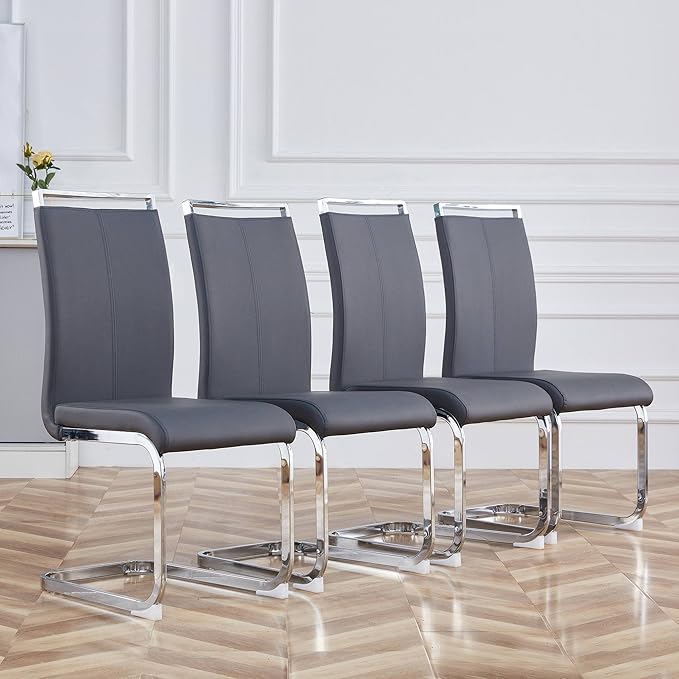 Dining Chairs Set, Kitchen Modern Metal Chairs with Faux Leather Padded Seat High Back and Sturdy Chrome Legs, Chairs for Dining Room (Grey, Set of 2)