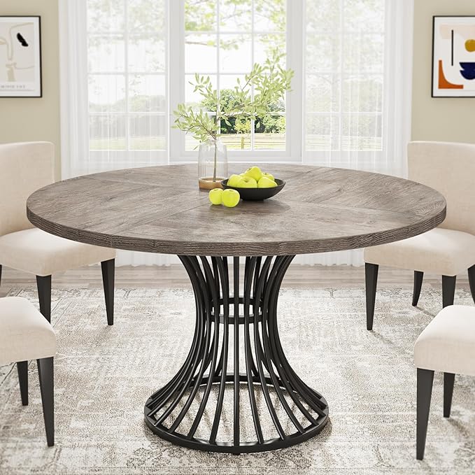 Tribesigns Round Dining Table, 47-Inch Farmhouse Dinning Room Table, Industrial Dinner Table with Metal Base, Grey