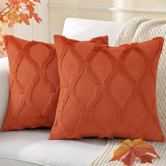 decorUhome Fall Throw Pillow Covers 22x22 Inch Set of 2, Soft Plush Faux Fur Wool Rust Couch Pillow Covers, Decorative Neutral Pillow Cases for Bed Sofa Living Room Home Decor