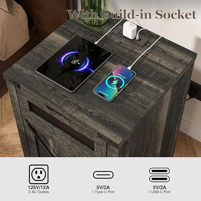 Farmhouse End Table with Charging Station, 26.4" Tall Rustic Nightstand with Drawer and X Barn Door, Country Bedside Sofa Side Table for Living Room, Dark Brown