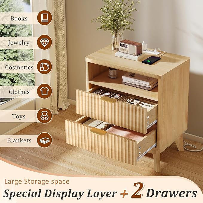 Fluted Nightstand with Charging Station, 19.7 inch Wide End Table with 2 Drawers, Modern Wood Bedside Table for Bedroom(Natural)