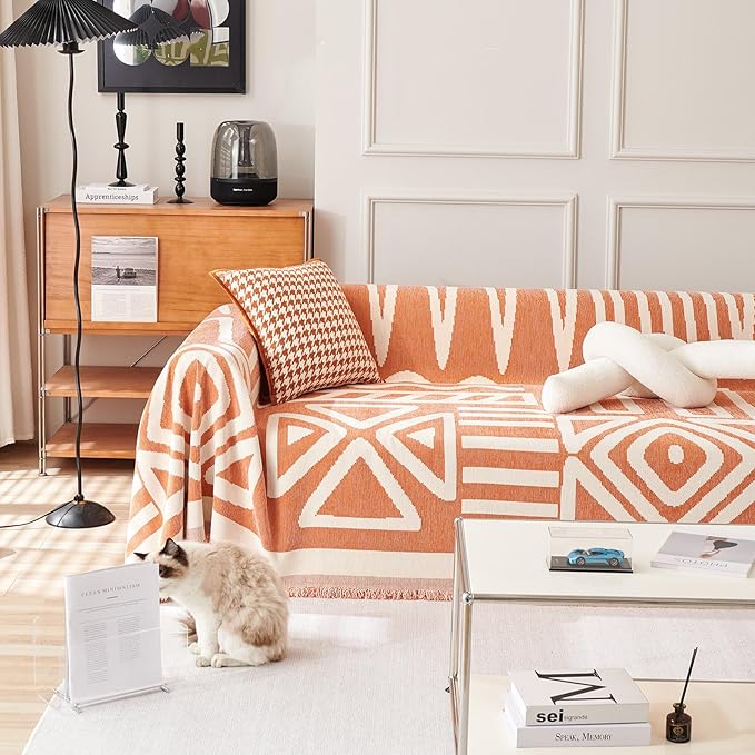 HANDONTIME Orange Sofa Cover for 3 Cushion Couch - Soft Chenille Loveseat Cover for Dogs - Boho Throw Cover Pet Furniture Protector - Thick Washable, 91" X118"