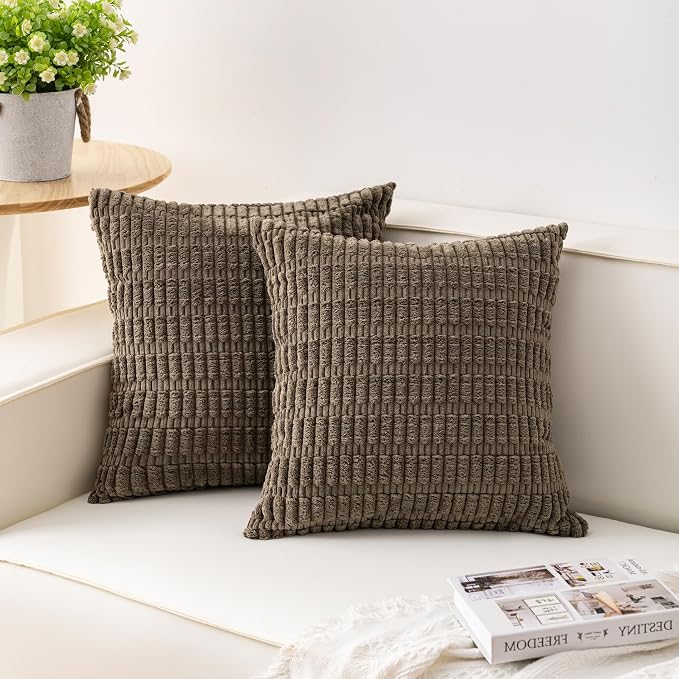 Pack of 2 Corduroy Decorative Throw Pillow Covers 20x20 InchSoft Striped Pillow by Unknown